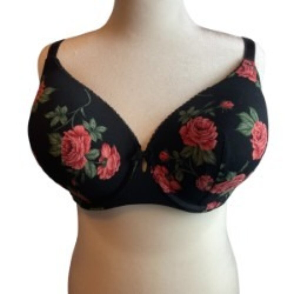 TORRID CURVE BLACK COTTON T-SHIRT BRA W/ PINK ROSES AND SMALL BOW SIZE 44DDD